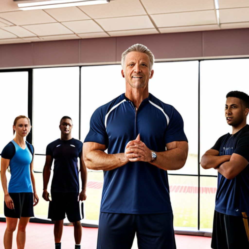 **
A dynamic sports coach stands confidently, motivating a diverse team of athletes during a training session. Focus on the coach's leadership presence and the positive energy radiating from the team.
**