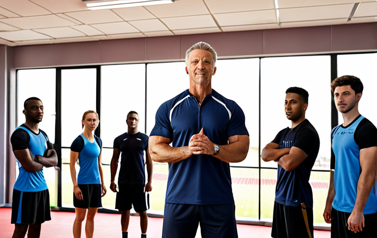 **
A dynamic sports coach stands confidently, motivating a diverse team of athletes during a training session. Focus on the coach's leadership presence and the positive energy radiating from the team.
**