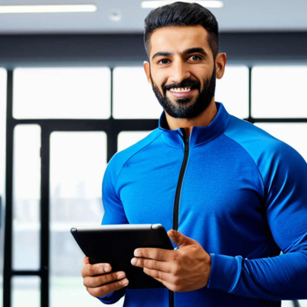A professional Arab sports coach, male, fully clothed in modest and appropriate athletic wear, standing confidently in a modern, well-lit fitness studio. He is holding a sleek digital tablet, showcasing a vibrant digital portfolio with various training program layouts and success stories. The coach is looking towards the camera with a professional and welcoming expression. The background is a blurred, clean gym setting with minimal equipment. Perfect anatomy, correct proportions, natural pose, well-formed hands, proper finger count, natural body proportions. Professional photography, high detail, studio lighting, safe for work, appropriate content, fully clothed, professional.