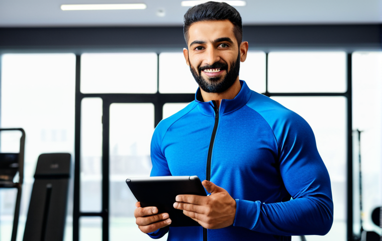 A professional Arab sports coach, male, fully clothed in modest and appropriate athletic wear, standing confidently in a modern, well-lit fitness studio. He is holding a sleek digital tablet, showcasing a vibrant digital portfolio with various training program layouts and success stories. The coach is looking towards the camera with a professional and welcoming expression. The background is a blurred, clean gym setting with minimal equipment. Perfect anatomy, correct proportions, natural pose, well-formed hands, proper finger count, natural body proportions. Professional photography, high detail, studio lighting, safe for work, appropriate content, fully clothed, professional.