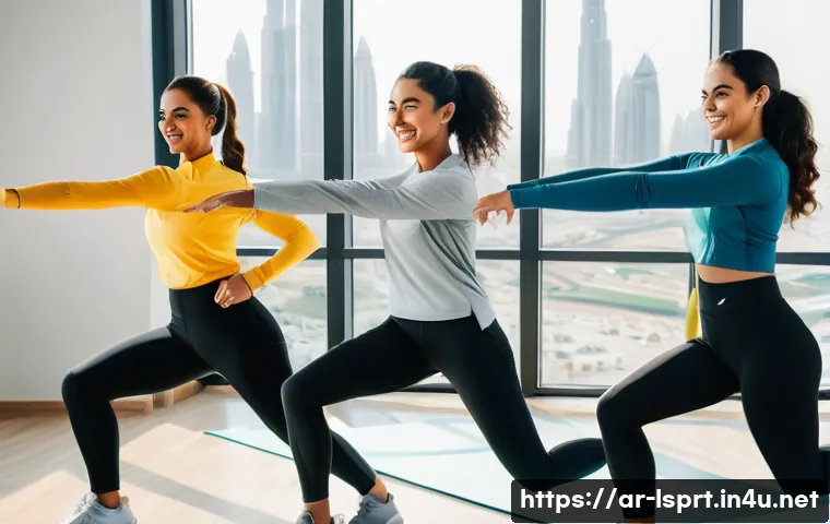 레저스포츠지도자 자격증 취득 후 경력 설계 예시 - **Prompt:** "A group of young women in modest athletic wear (long-sleeved shirts and leggings) are l...
