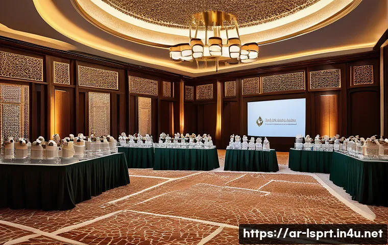 레저스포츠지도자 관련 학회 및 네트워킹 기회 - A professional networking event focused on recreational sports, showing a diverse group of Arab prof...