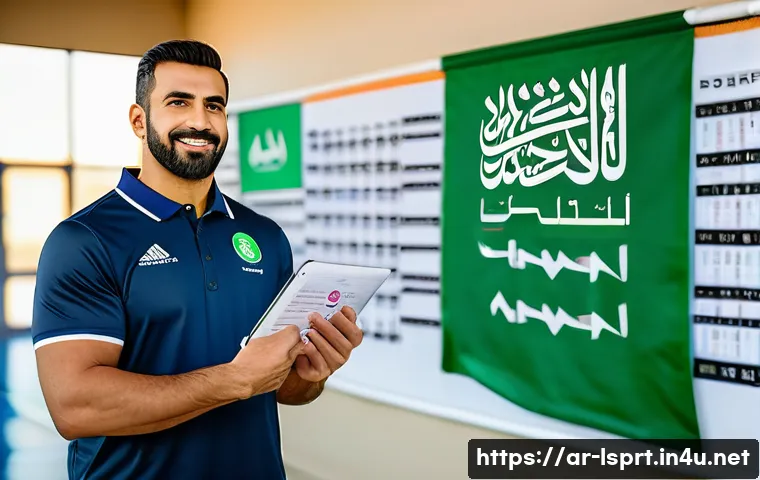 레저스포츠지도자 자격증 갱신 비용과 준비물 - A professional male sports coach of Middle Eastern descent wearing modern athletic training gear and...