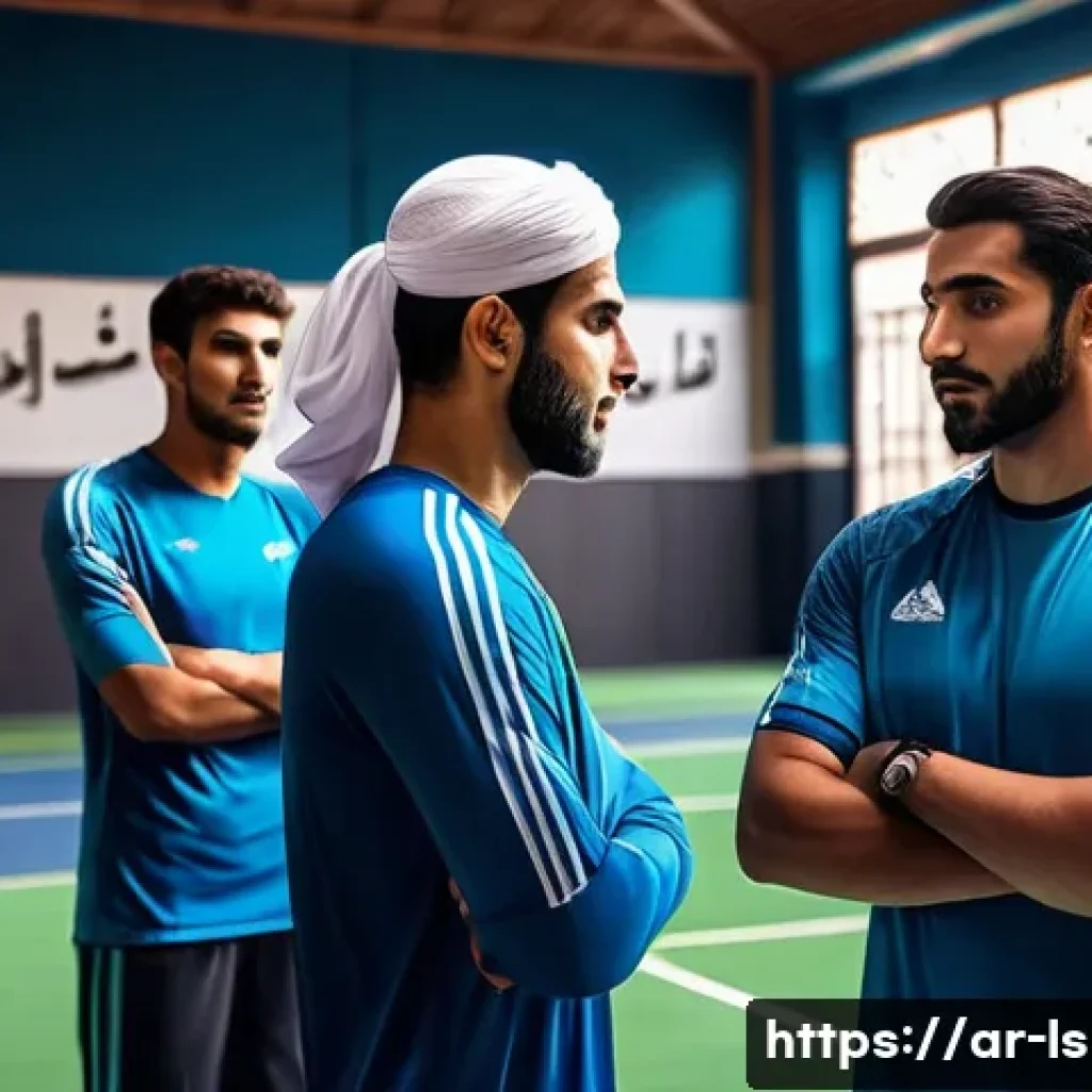 레저스포츠지도자 현장에서의 팀 리더십 발휘 - A dynamic sports team meeting scene in a Middle Eastern setting, featuring a diverse group of male a...