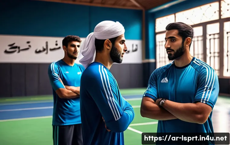 레저스포츠지도자 현장에서의 팀 리더십 발휘 - A dynamic sports team meeting scene in a Middle Eastern setting, featuring a diverse group of male a...