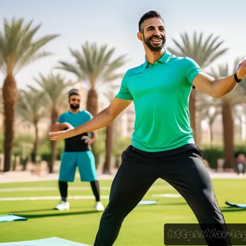 레저스포츠지도자 자격증과 관련된 장기적인 커리어 비전 - A professional Arabic male sports coach in modern sportswear leading a diverse group of enthusiastic...