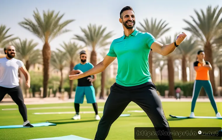 레저스포츠지도자 자격증과 관련된 장기적인 커리어 비전 - A professional Arabic male sports coach in modern sportswear leading a diverse group of enthusiastic...