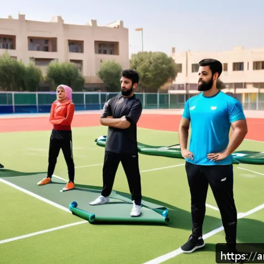 레저스포츠지도자와 고객만족도 관리 사례 - A vibrant outdoor recreational sports training session in a Middle Eastern setting, featuring a dive...