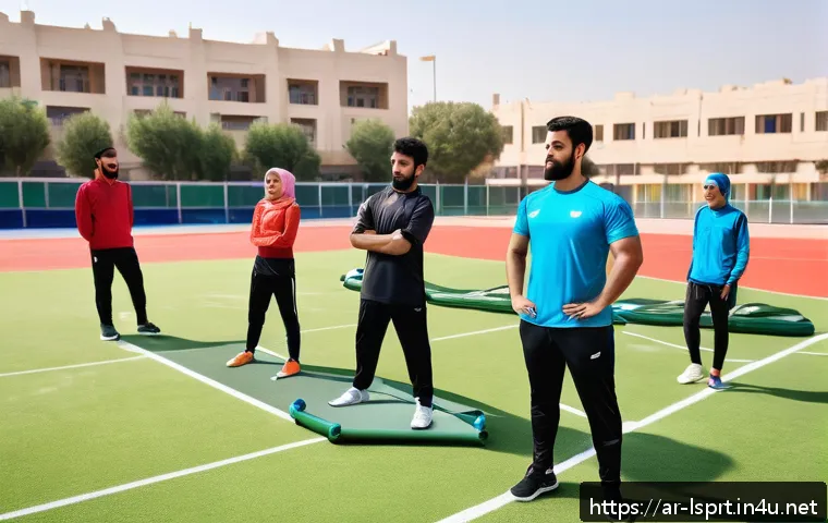레저스포츠지도자와 고객만족도 관리 사례 - A vibrant outdoor recreational sports training session in a Middle Eastern setting, featuring a dive...