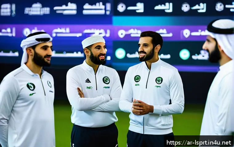레저스포츠지도자 실무 현장 리더십 키우는 법 - A dynamic team meeting scene in a modern recreational sports facility in the Middle East, featuring ...