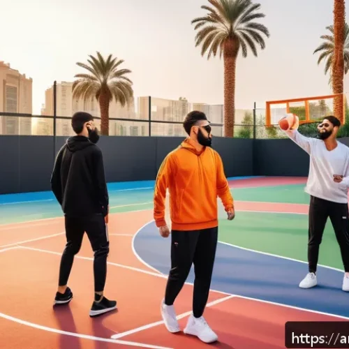 레저스포츠지도자 실무에서의 융합 기술 활용 사례 - A diverse group of recreational athletes training on an outdoor basketball court in a Middle Eastern...