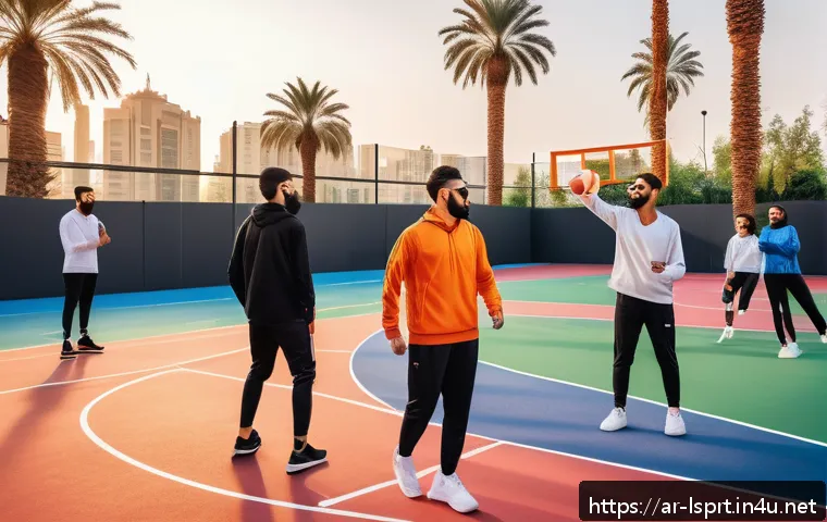 레저스포츠지도자 실무에서의 융합 기술 활용 사례 - A diverse group of recreational athletes training on an outdoor basketball court in a Middle Eastern...