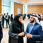 레저스포츠지도자 이직을 위한 네트워킹 방법 - A professional networking event in a modern Middle Eastern conference hall, featuring diverse Arab b...