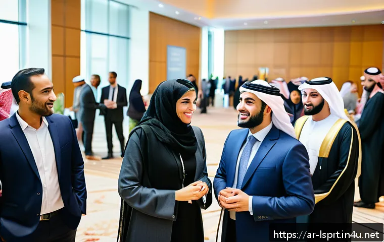 레저스포츠지도자 이직을 위한 네트워킹 방법 - A professional networking event in a modern Middle Eastern conference hall, featuring diverse Arab b...