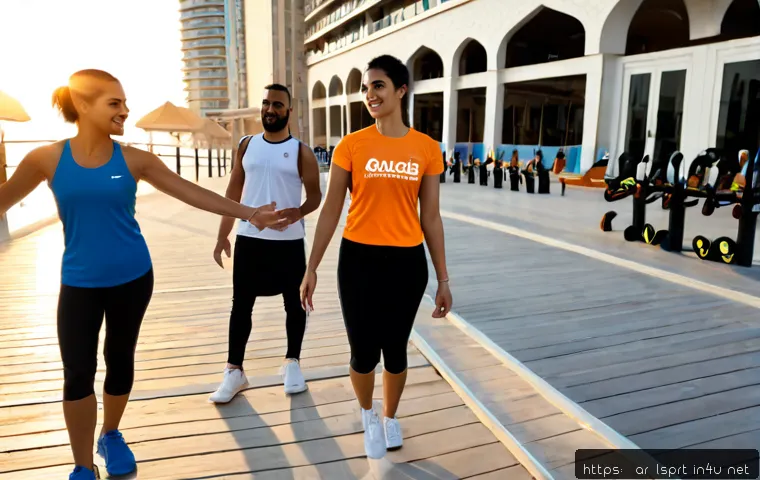 레저스포츠지도자와 다른 스포츠 자격증 간의 융합 - Photorealistic wide-angle scene of an Arab leisure sports instructor and a certified fitness coach c...