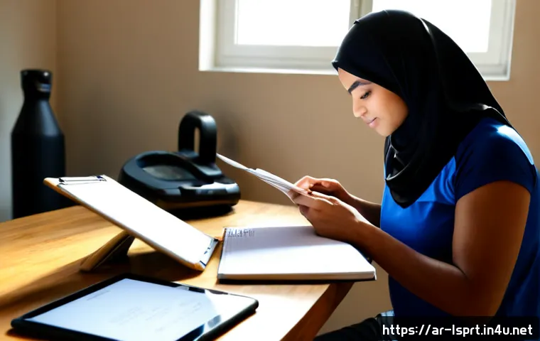 레저스포츠지도자 자격증 취득 후 꾸준한 자기계발 방법 - Photorealistic Arab leisure sports coach in modest athletic clothing reviewing a blank training note...