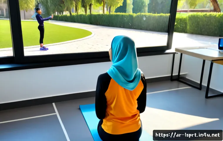 레저스포츠지도자 관련 유튜브 채널 추천 - Photorealistic Arab woman in modest sportswear and hijab watching a leisure sports coaching video on...
