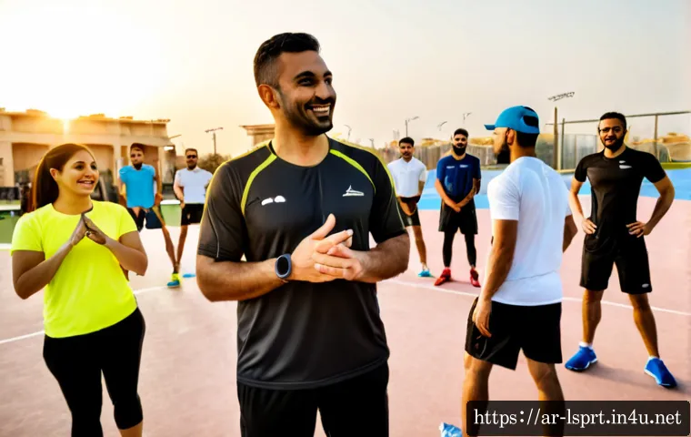 레저스포츠지도자 고객관리 성공 사례 - Photorealistic success story scene at a modern outdoor sports club in the Arabian Gulf, a friendly A...