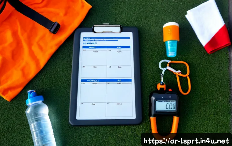 레저스포츠지도자 실기시험 필수 장비 체크리스트 - Photorealistic overhead flat lay of essential practical examination equipment for a leisure sports i...